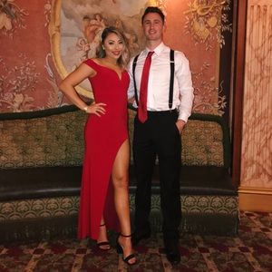 Red Off the Shoulder Gown with Slit